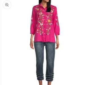 John Mark Capri pink floral embroidered paisley patch print 3/4 sleeve tunic top